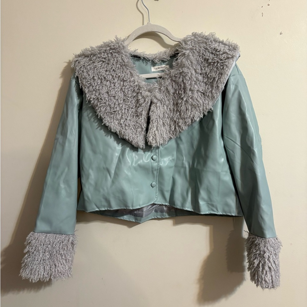 Carole Christine Women’s Medium mint green faux leather‎ fur trim collar jacket